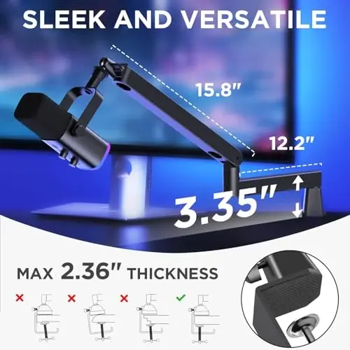 InnoGear 2026 Yangilangan Mikrofon Bum Rangi, Magnetli Kabel Boshqaruvi Past Profilli Mikrofon Stend 360° Aylanuvchi Stol O'rnatish moslamasi Fifine AM8 K669B Blue Yeti HyperX QuadCast SoloCast AT2020 uchun, Qora - 5