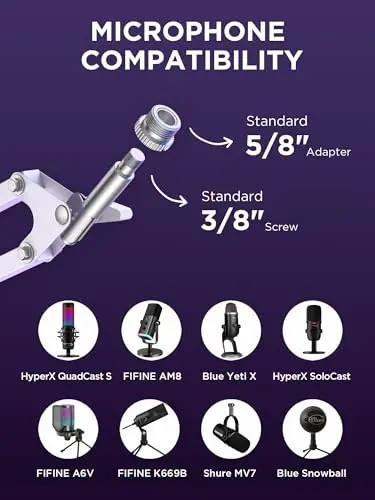 InnoGear Boom Arm Mikrofon Mikrofon Stendi Blue Yeti HyperX QuadCast SoloCast Snowball Fifine Shure SM7B va boshqa Mikrofon uchun, O'rta, Oq - 4