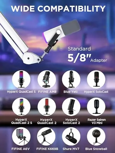 InnoGear Mic Arm Microphone Boom Arm Cable Management for Blue Yeti, White | Desk Mount, for Shure Fifine, Professional Appearance, Extendable, Horizontal Reach 32.3