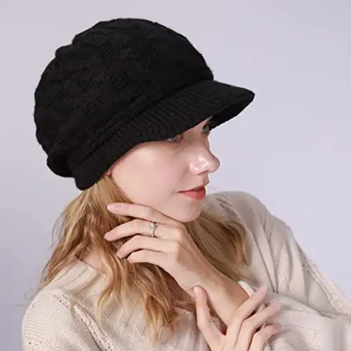 INOGIH Women Winter Warm Knit Hat Slouchy Beanie Cap with Visor, Flat Brim Shape Hat for Cold Weather 