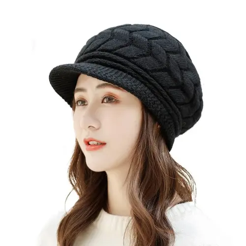 INOGIH Women Winter Warm Knit Hat Slouchy Beanie Cap with Visor, Flat Brim Shape Hat for Cold Weather - 3