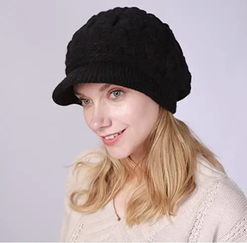 INOGIH Women Winter Warm Knit Hat Slouchy Beanie Cap with Visor, Flat Brim Shape Hat for Cold Weather - 5