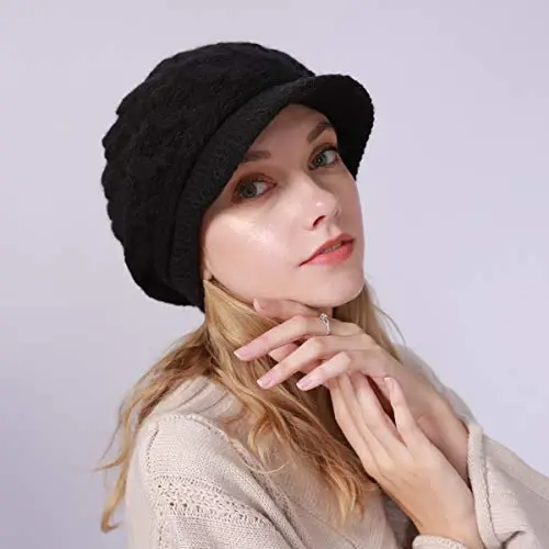 INOGIH Women Winter Warm Knit Hat Slouchy Beanie Cap with Visor, Flat Brim Shape Hat for Cold Weather - 3