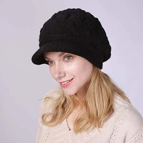INOGIH Women Winter Warm Knit Hat Slouchy Beanie Cap with Visor, Flat Brim Shape Hat for Cold Weather - 6