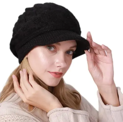 INOGIH Women Winter Warm Knit Hat Slouchy Beanie Cap with Visor, Flat Brim Shape Hat for Cold Weather 