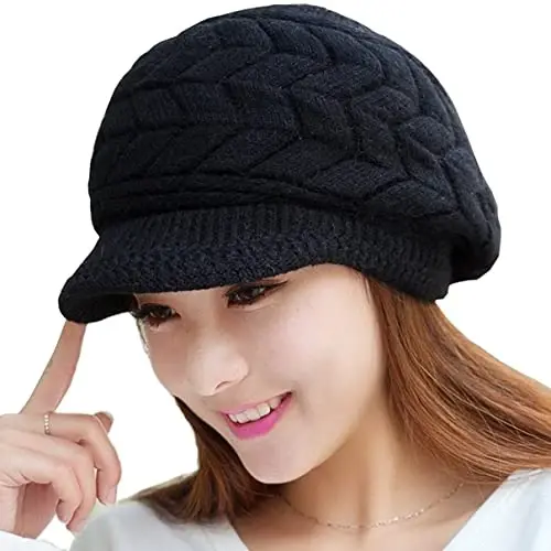 INOGIH Women Winter Warm Knit Hat Slouchy Beanie Cap with Visor, Flat Brim Shape Hat for Cold Weather - 2