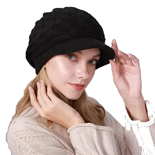 INOGIH Women Winter Warm Knit Hat Slouchy Beanie Cap with Visor, Flat Brim Shape Hat for Cold Weather - 4