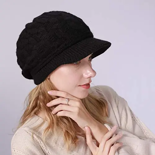 INOGIH Women Winter Warm Knit Hat Slouchy Beanie Cap with Visor, Flat Brim Shape Hat for Cold Weather - 4