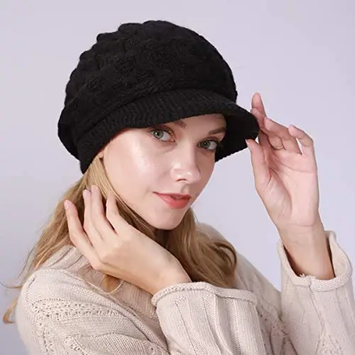 INOGIH Women Winter Warm Knit Hat Slouchy Beanie Cap with Visor, Flat Brim Shape Hat for Cold Weather - 5