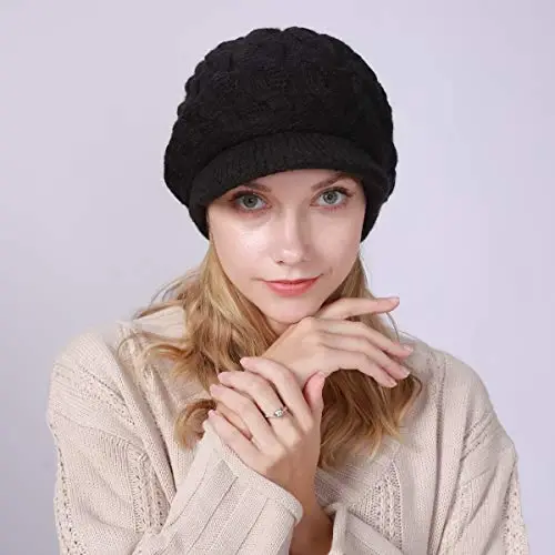 INOGIH Women Winter Warm Knit Hat Slouchy Beanie Cap with Visor, Flat Brim Shape Hat for Cold Weather - 2