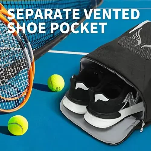 INOXTO 40L Erkaklar va ayollar uchun tennis ryukzaki, katta pikbol sumkasi, mustaqil poyabzal saqlash joyi, suv o'tkazmaydigan va nafas oladigan, badminton, sayohat va lager uchun 2 ta tennis raketkasini sig'dira oladi - 5