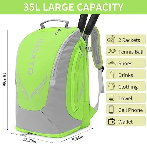 INOXTO 40L erkaklar va ayollar uchun tennis ryukzaki, katta pikbol sumkasi, mustaqil poyabzal saqlash, suv o'tkazmaydigan va nafas oladigan, badminton, sayohat va camping uchun 2 ta tennis raketkasini sig'dira oladi - IX INOXTO (1)