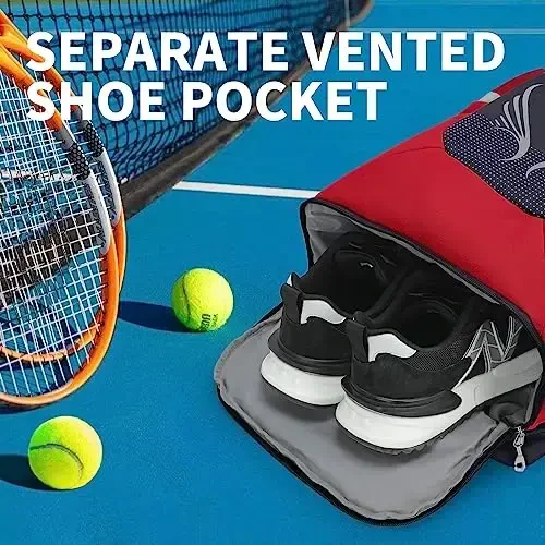INOXTO 40L Tennis Backpack for Men & Women, Large Pickleball Bag With Independent Shoe Storage, Waterproof & Breathable, Holds 2 Tennis Rackets for Badminton, Travel & Camping - 5