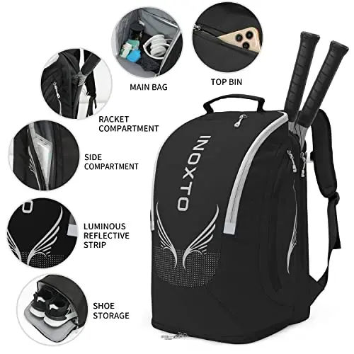 INOXTO 40L Tennis Backpack for Men & Women, Large Pickleball Bag With Independent Shoe Storage, Waterproof & Breathable, Holds 2 Tennis Rackets for Badminton, Travel & Camping - 4
