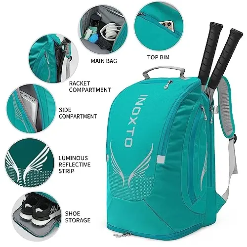 INOXTO 40L Tennis Backpack for Men & Women, Large Pickleball Bag With Independent Shoe Storage, Waterproof & Breathable, Holds 2 Tennis Rackets for Badminton, Travel & Camping - 3