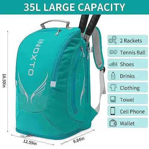 INOXTO 40L Tennis Backpack for Men & Women, Large Pickleball Bag With Independent Shoe Storage, Waterproof & Breathable, Holds 2 Tennis Rackets for Badminton, Travel & Camping - 2