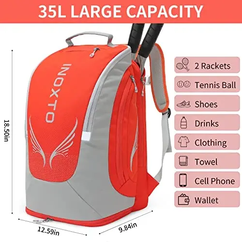 INOXTO 40L Tennis Backpack for Men & Women, Large Pickleball Bag With Independent Shoe Storage, Waterproof & Breathable, Holds 2 Tennis Rackets for Badminton, Travel & Camping - 3