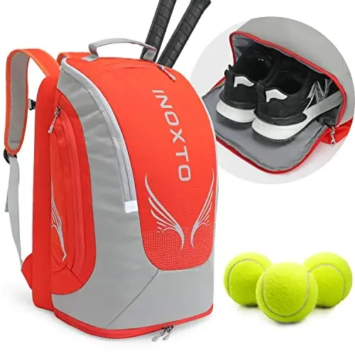 INOXTO 40L Tennis Backpack for Men & Women, Large Pickleball Bag With Independent Shoe Storage, Waterproof & Breathable, Holds 2 Tennis Rackets for Badminton, Travel & Camping 
