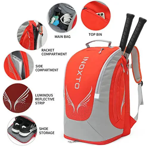 INOXTO 40L Tennis Backpack for Men & Women, Large Pickleball Bag With Independent Shoe Storage, Waterproof & Breathable, Holds 2 Tennis Rackets for Badminton, Travel & Camping - 4