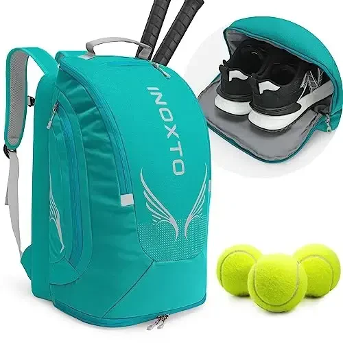 INOXTO 40L Tennis Backpack for Men & Women, Large Pickleball Bag With Independent Shoe Storage, Waterproof & Breathable, Holds 2 Tennis Rackets for Badminton, Travel & Camping - INOXTO