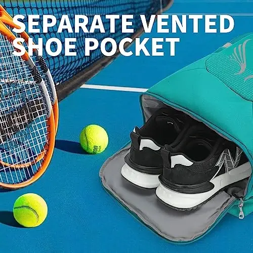 INOXTO 40L Tennis Backpack for Men & Women, Large Pickleball Bag With Independent Shoe Storage, Waterproof & Breathable, Holds 2 Tennis Rackets for Badminton, Travel & Camping - 5