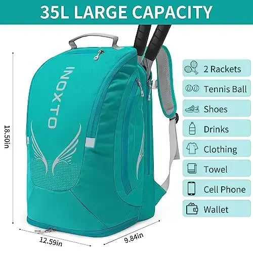 INOXTO 40L Tennis Backpack for Men & Women, Large Pickleball Bag With Independent Shoe Storage, Waterproof & Breathable, Holds 2 Tennis Rackets for Badminton, Travel & Camping - Modazone (1)