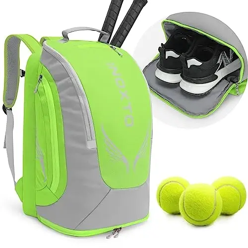 INOXTO 40L Tennis Backpack for Men & Women, Large Pickleball Bag With Independent Shoe Storage, Waterproof & Breathable, Holds 2 Tennis Rackets for Badminton, Travel & Camping 