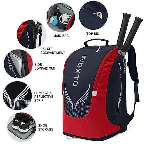 INOXTO 40L Tennis Backpack for Men & Women, Large Pickleball Bag With Independent Shoe Storage, Waterproof & Breathable, Holds 2 Tennis Rackets for Badminton, Travel & Camping - 3