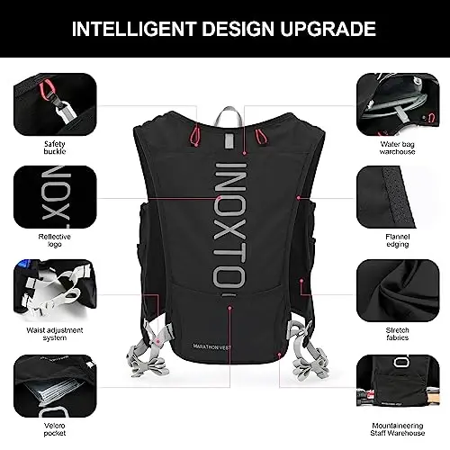 INOXTO Running Hydration Vest Backpack,Lightweight Insulated Pack with 1.5L Water Bladder Bag Daypack for Hiking Trail Running Cycling Race Marathon for Women Men - 4