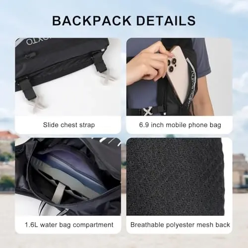 INOXTO Running Hydration Vest Backpack,Lightweight Insulated Pack with 1.5L Water Bladder Bag Daypack for Hiking Trail Running Cycling Race Marathon for Women Men - 6