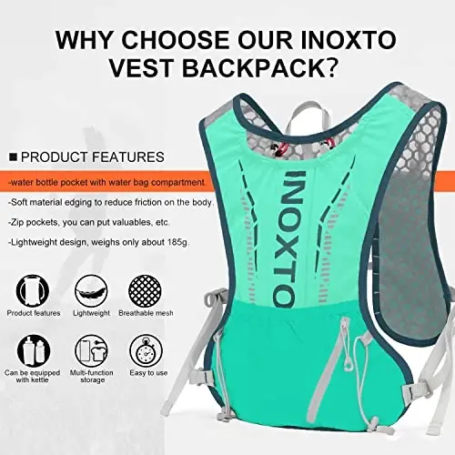 INOXTO Running Hydration Vest Backpack,Lightweight Insulated Pack with 1.5L Water Bladder Bag Daypack for Trail Hiking Running Cycling Race Marathon for Women Men - 2