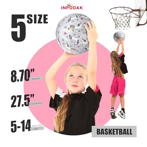 INPODAK Bolalar Basketboli Yosh Basketboli 27,5 Dyuym Hajmi 5 Junior Qizlar Basketboli Klassik Sport To'pi O'yini Ichki Tashqi Qiz Bolalar Yoshlik Noel Tug'ilgan Kun Sovg'asi Nasos va To'r bilan - 5