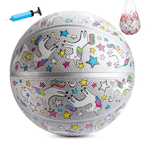 INPODAK Bolalar Basketboli Yosh Basketboli 27,5 Dyuym Hajmi 5 Junior Qizlar Basketboli Klassik Sport To'pi O'yini Ichki Tashqi Qiz Bolalar Yoshlik Noel Tug'ilgan Kun Sovg'asi Nasos va To'r bilan - 6