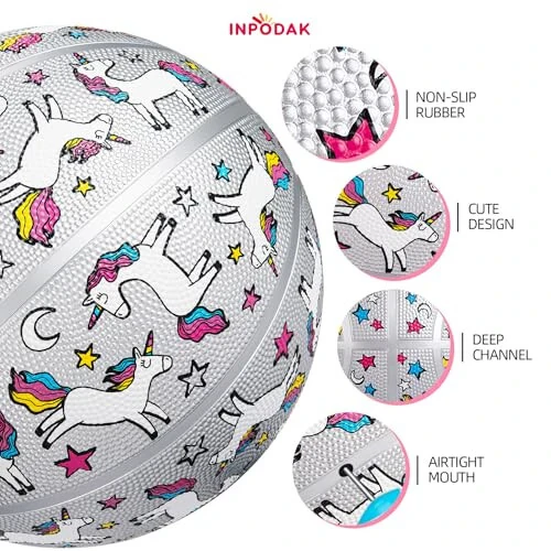 INPODAK Kids Basketball Youth Basketball 27.5 Inches Size 5 Junior Girls Basketball Classic Sport Ball Game Indoor Outdoor for Girl Kids Teenage Christmas Birthday Gift with Pump& Net - 2