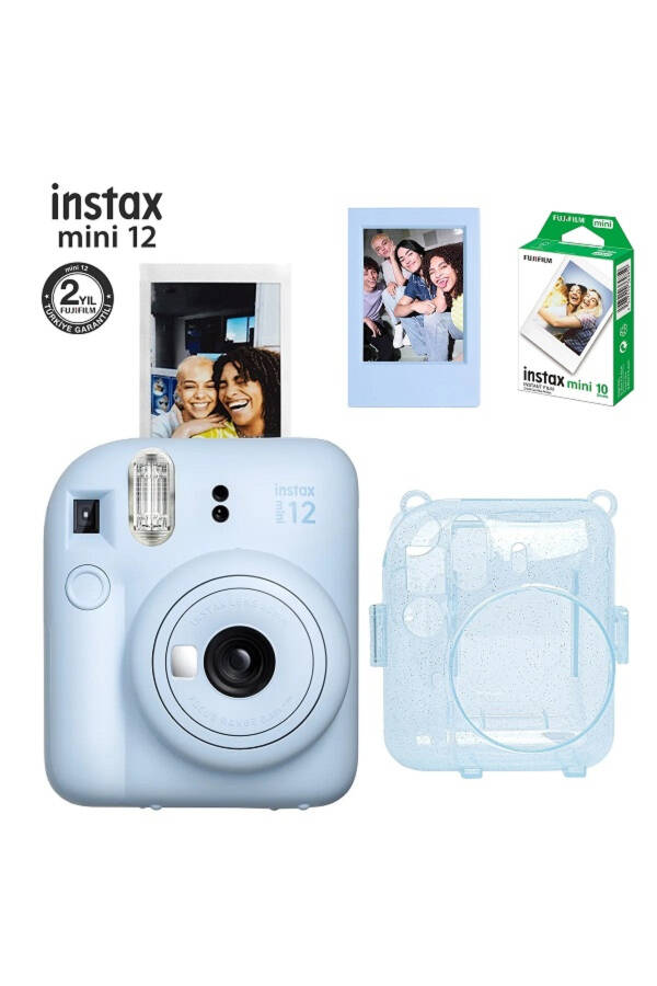 Instax Mini 12 Camera - 10 Pack Film - Glitter Plexiglass Case And Magnetic Frame Set 2 Blue - 9