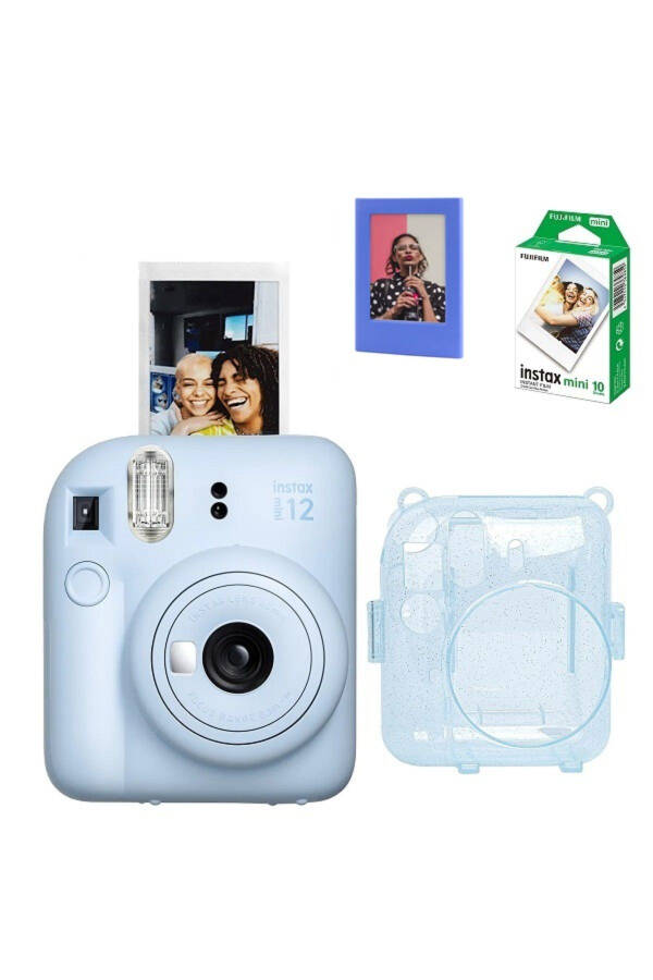 Instax Mini 12 Fotoğraf Makinesi - 10'lu Film - Simli Pleksi Kılıf Ve Mıknatıslı Çerçeve Seti 2 Mavi - 1