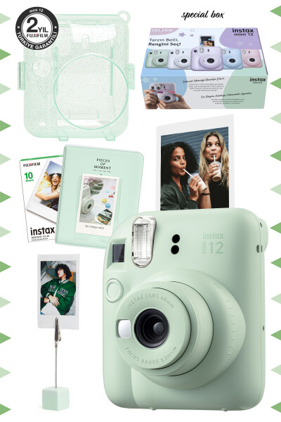 Instax mini 12 Green Camera - 10 Pack Film - Clip Stand - PVC Album and Glitter Plexiglass Case Set - 1