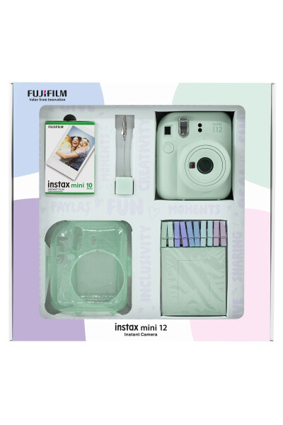 Instax mini 12 Yeşil Fotoğraf Makinesi 10'lu Film Simli Pleksi Kılıf Mandal ve Kıskaçlı Resim Standı - 1