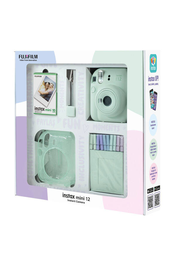 Instax mini 12 Yeşil Fotoğraf Makinesi 10'lu Film Simli Pleksi Kılıf Mandal ve Kıskaçlı Resim Standı - 2