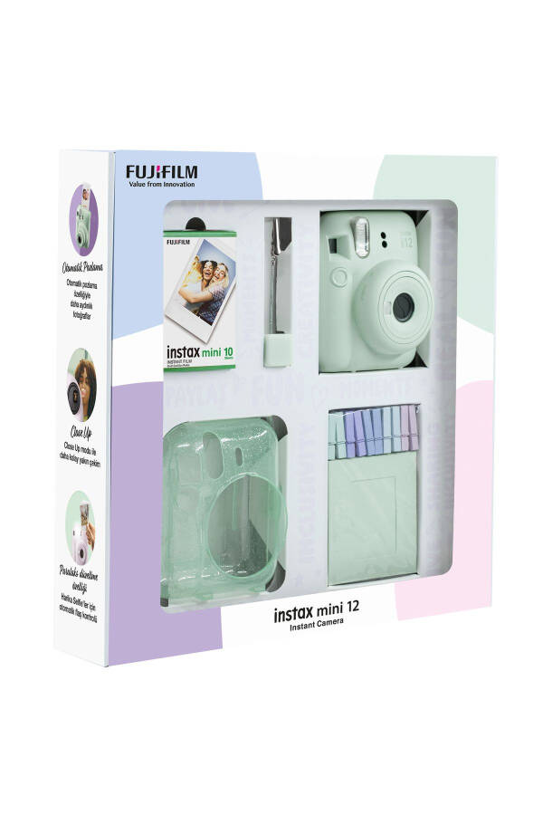 Instax mini 12 Yeşil Fotoğraf Makinesi 10'lu Film Simli Pleksi Kılıf Mandal ve Kıskaçlı Resim Standı - 3