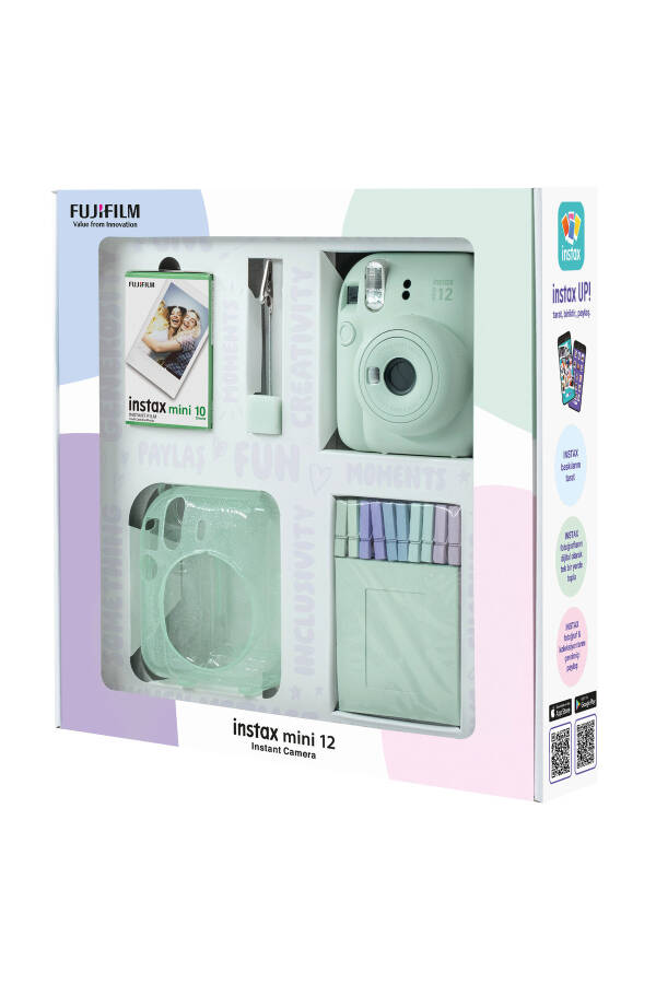 Instax mini 12 Yeşil Fotoğraf Makinesi 10'lu Film Simli Pleksi Kılıf Mandal ve Kıskaçlı Resim Standı - 5