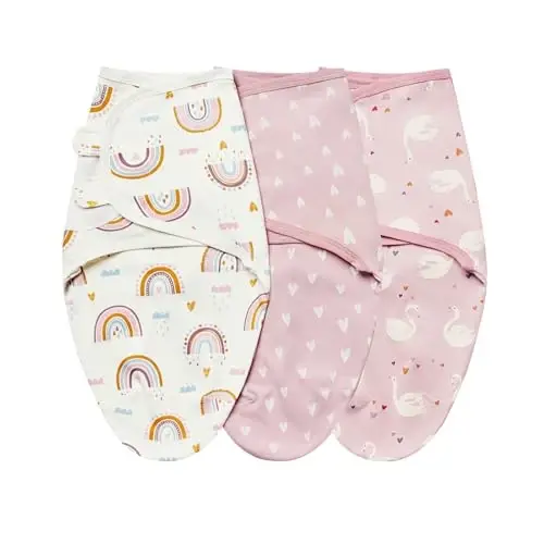 insular Baby Swaddle Sacks, Swaddle Blanket for Newborn and Infant, Adjustable Velcro Set for Boy and Girl, Soft Cotton Baby Sleep Sack 3 Pack (Pink Swan, Medium(3-6M)) 