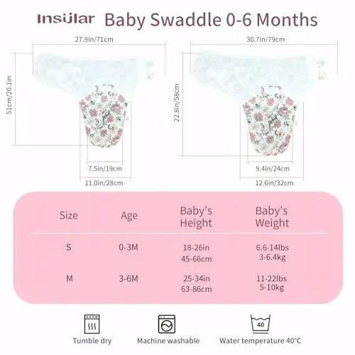 Insular Baby Swaddle Wrap, Swaddle Blanket for Newborn and Infant, Adjustable Swaddle Set for Boy and Girl, Soft Cotton Baby Sleep Sack 3 Pack (Medium(3-6M), Floral) - 4