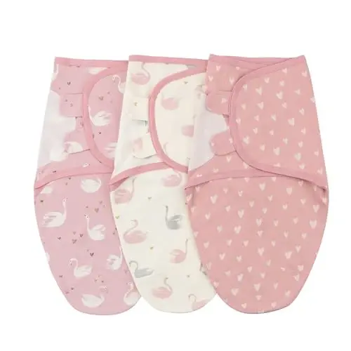 insular Baby Swaddle Wrap, Swaddle Blanket for Newborn and Infant, Adjustable Velcro Swaddling Set for Boy and Girl, Soft Cotton Baby Sleep Sack 3 Pack, Pink Swan, Small(0-3M) 