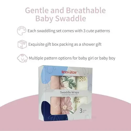 Insular Baby Swaddle Wrap, Yangi tug'ilgan va go'dak uchun o'rash ko'rpa, O'g'il va qiz bolalar uchun sozlanadigan o'rash to'plami, Yumshoq paxta chaqaloq uyqu xalati 3 ta to'plam (O'rta (3-6 oy), Gulli) - 5