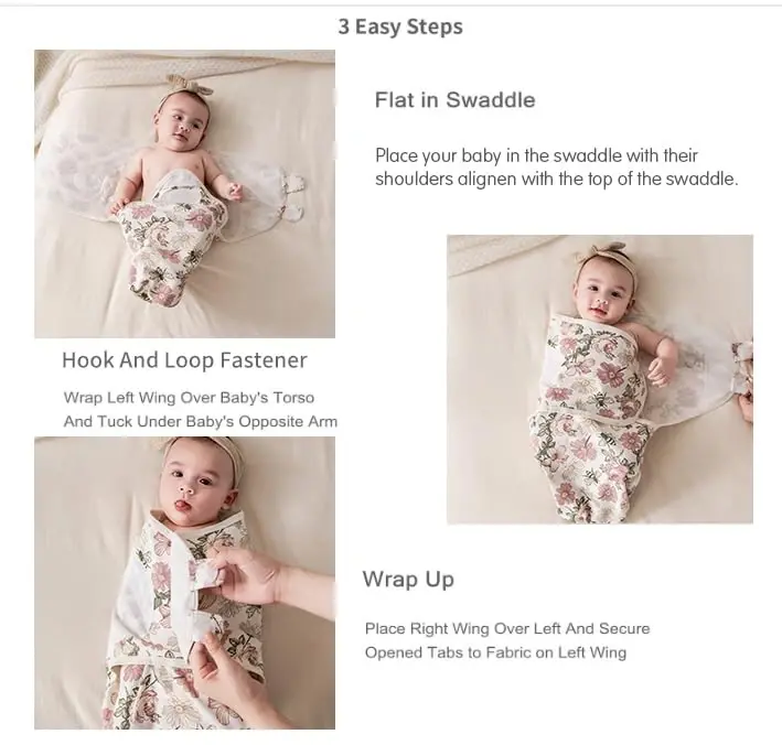 Insular Baby Swaddle Wrap, Yangi tug'ilgan va go'dak uchun o'rash ko'rpa, O'g'il va qiz bolalar uchun sozlanadigan o'rash to'plami, Yumshoq paxta chaqaloq uyqu xalati 3 ta to'plam (O'rta (3-6 oy), Gulli) - 1