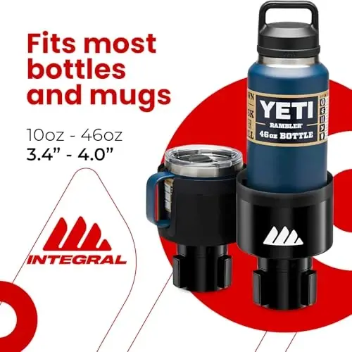 Integral Ultimate Expander Car Cup Holder - Adjustable Base - Expander & Organizer for Vehicles - Compatible with Coffee Mug, Yeti 14/24/36/46oz, Ramblers, Hydro Flasks 32/40oz, 3.4''-4.0'' Bottles - 3