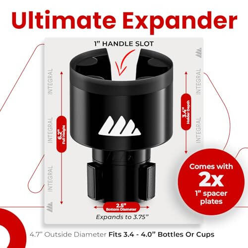 Integral Ultimate Expander Car Cup Holder - Adjustable Base - Expander & Organizer for Vehicles - Compatible with Coffee Mug, Yeti 14/24/36/46oz, Ramblers, Hydro Flasks 32/40oz, 3.4''-4.0'' Bottles - 5