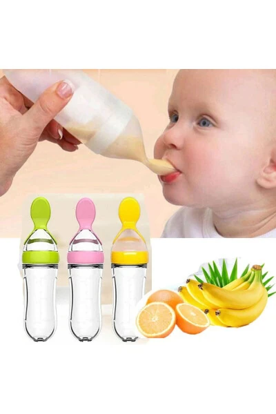 Integrated Baby Silicone Bottle, Bowl & Spoon. Baby Training Kids Complementary Food Bottle. Blue. - RED KİTCHEN