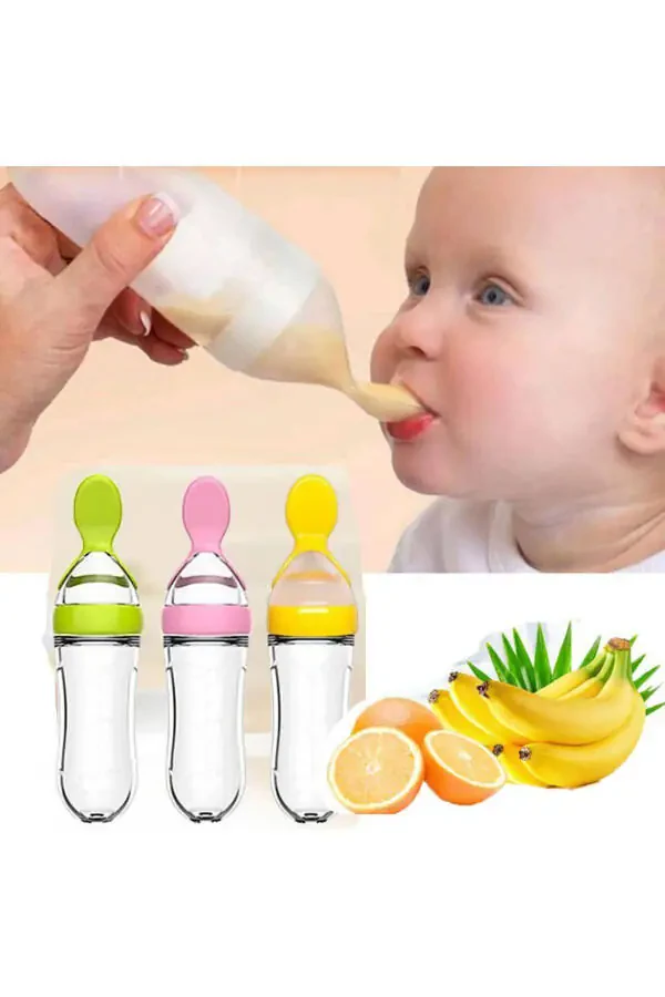Integrated Baby Silicone Bottle, Bowl & Spoon. Baby Training Kids Complementary Food Bottle. Blue. - 1